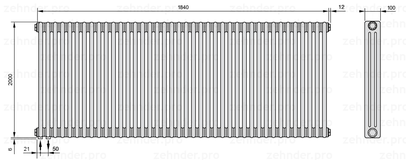 Схема (чертеж) Радиатор Zehnder Charleston 3200/40 №3370 Белый глянцевый RAL 9016